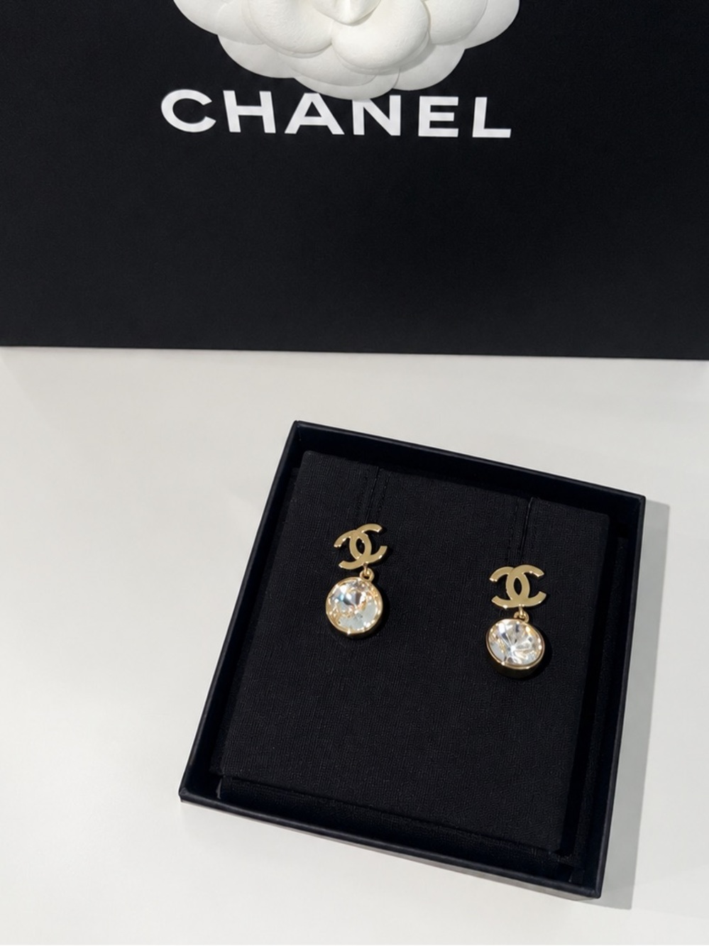 CHANEL Gold CC Drop Earrings with Clear Crystal